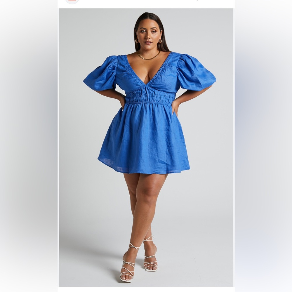 NEW Amalie The Label Khaila Linen Plunge Puff Sleeve Mini Dress in blue size 16